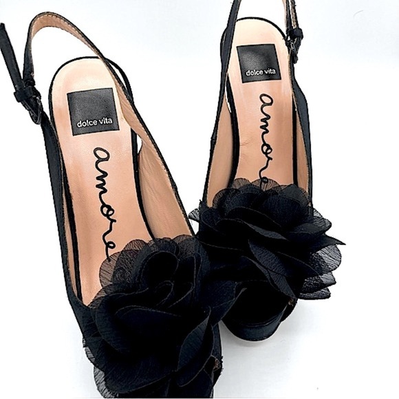 Dolce Vita “Bess” Black Platform Heels with Sheer Petals Embellishment, size 8.5 - Picture 9 of 16